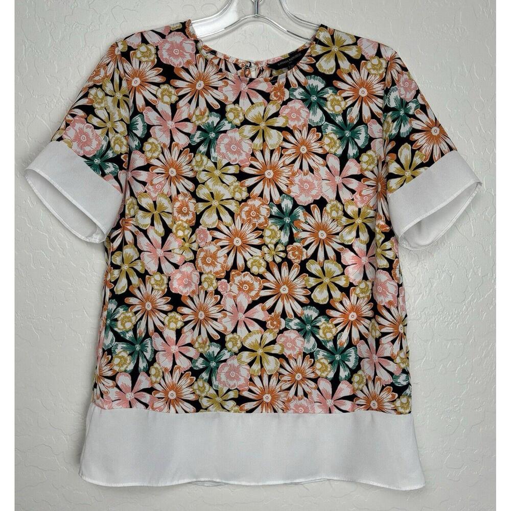 Banana Republic Floral Colorblock Short Sleeve Blouse Pink Orange Yellow S 0608